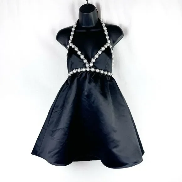 ALICE + OLIVIA Black Tie Halter Neck Pearl Diamond Mini Dress Empire Waist Sz 0 ALICE + OLIVIA Black Tie Halter Neck Pearl Diamond Mini Dress Empire Waist Sz 0